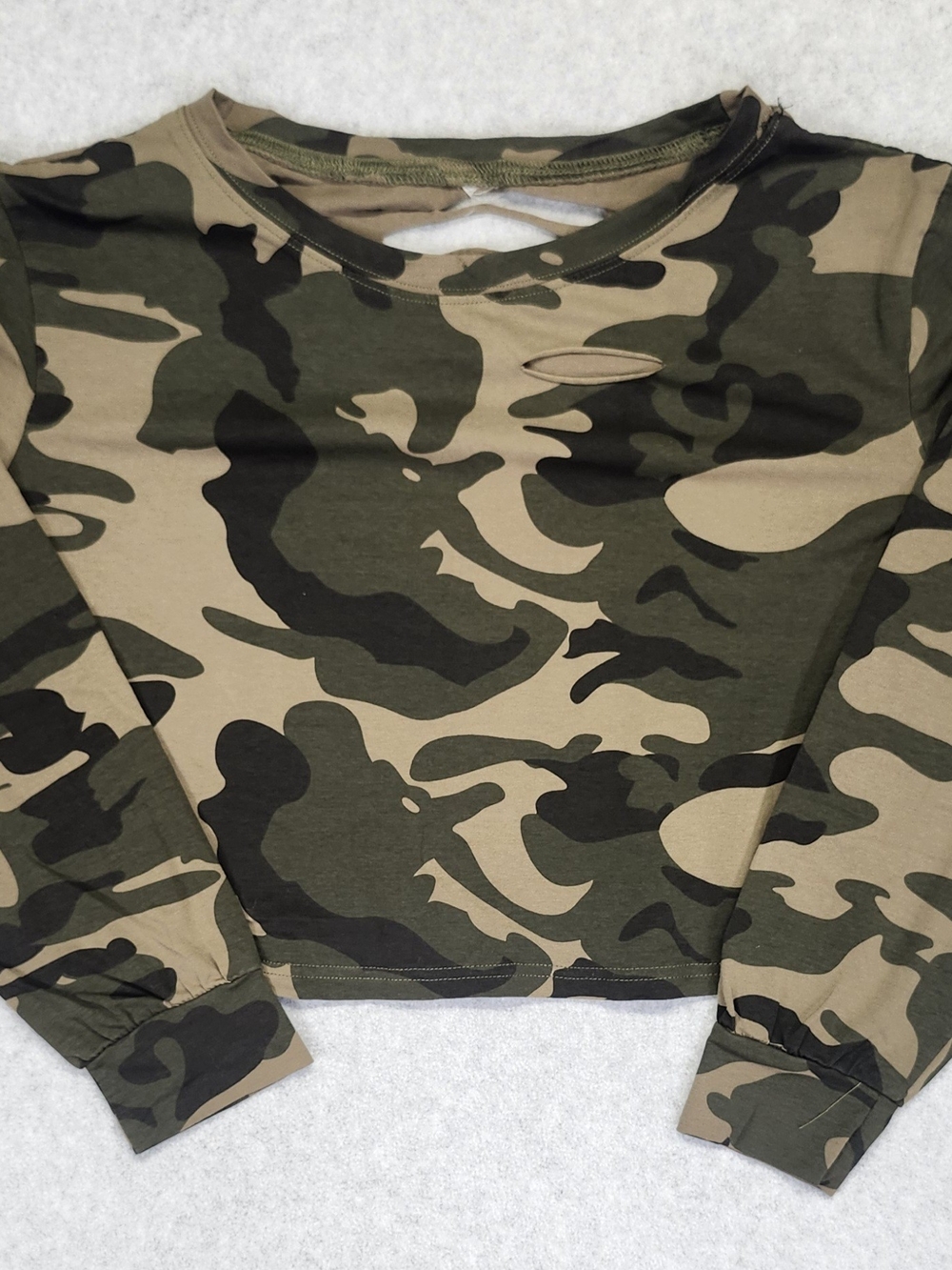 Camo Cropped Long Sleeve Top - Green/Tan/Black